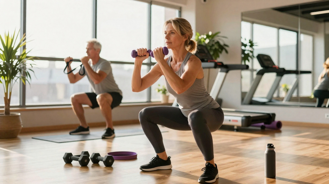 Ältere Frau und Mann beim Krafttraining mit Hanteln und Widerstandsbändern in hellem Fitnessstudio.