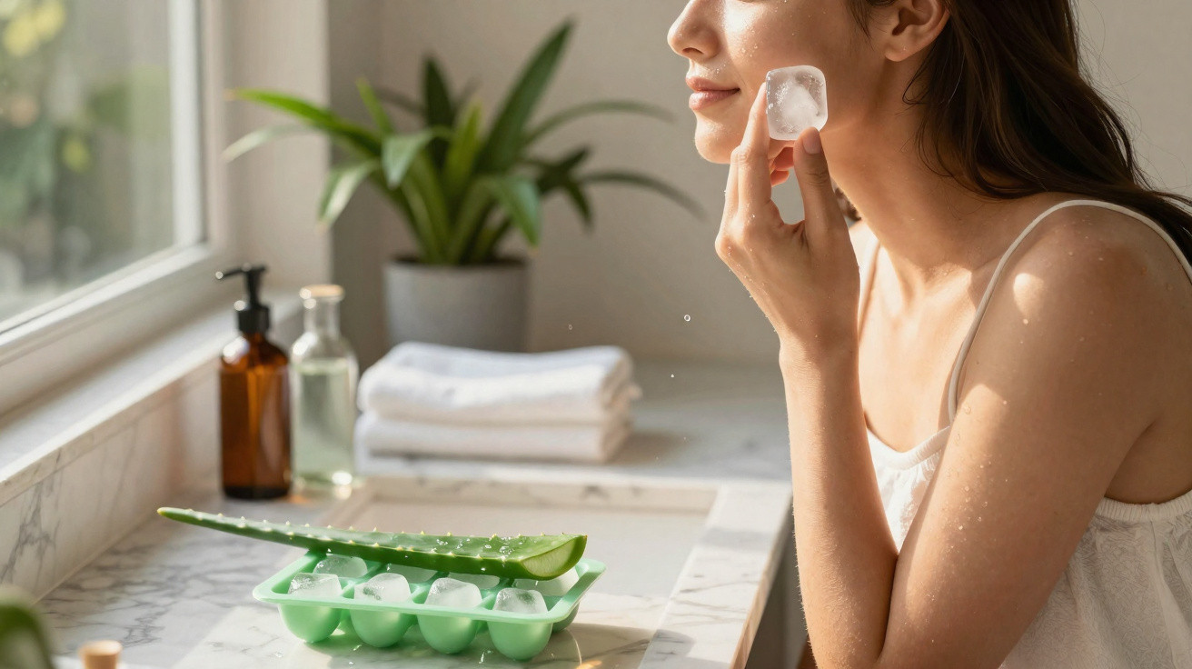 Frau kühlt Gesicht mit Eiswürfel neben Aloe Vera-Blatt und Handtüchern auf hellem Badezimmerwaschtisch.