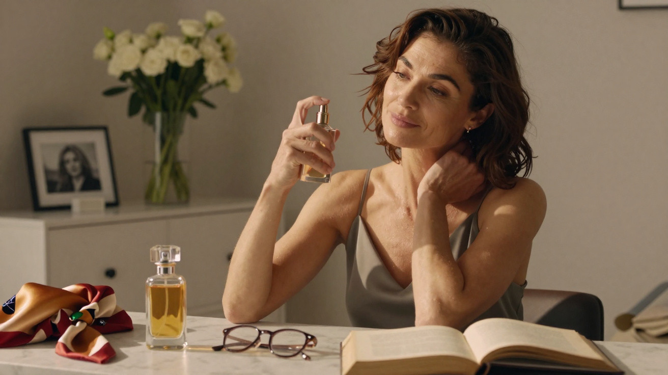 Frau sprüht Parfüm, sitzt am Tisch mit offenen Buch, Brille, Seidenschal und Blumenstrauß im Hintergrund.