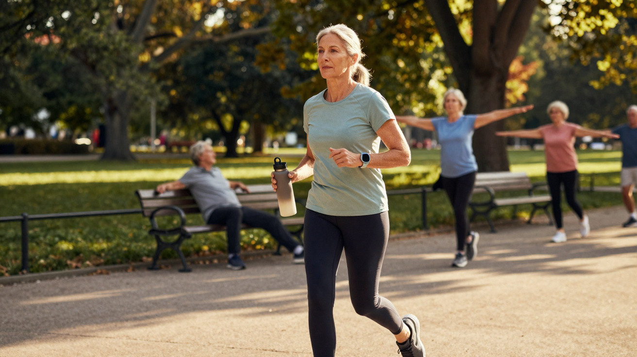 Ältere Frau joggt im Park mit Wasserflasche, im Hintergrund machen weitere Senioren Gymnastik.