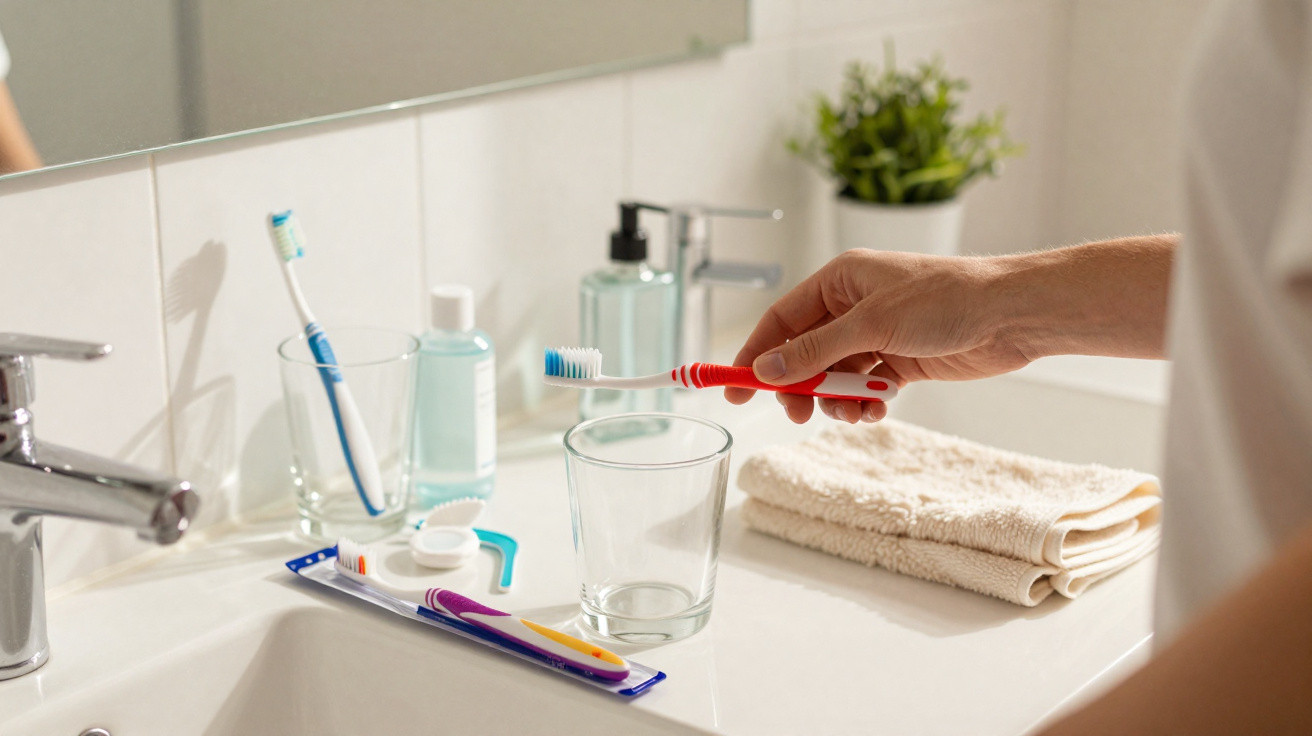 Hand hält rote Zahnbürste über Waschbecken mit Zahnpflegeartikeln und Handtüchern im Bad.