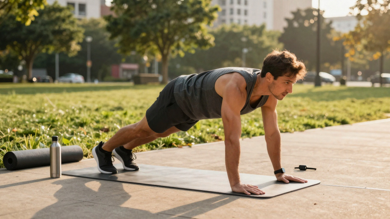 Mann macht Liegestütze auf Matte im Park bei Sonnenschein, neben Yoga-Rolle und Trinkflasche.