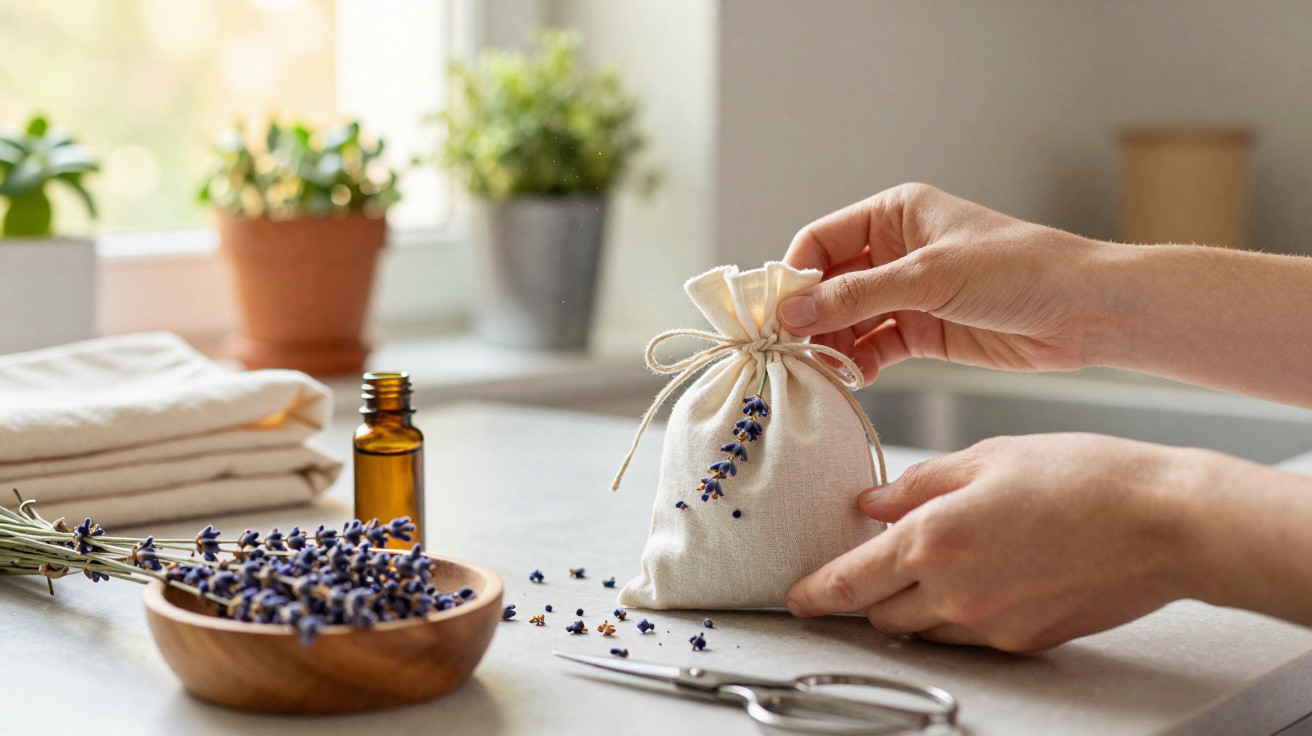 Hände binden einen kleinen Beutel mit getrocknetem Lavendel auf einem Tisch mit Schere und Flasche.