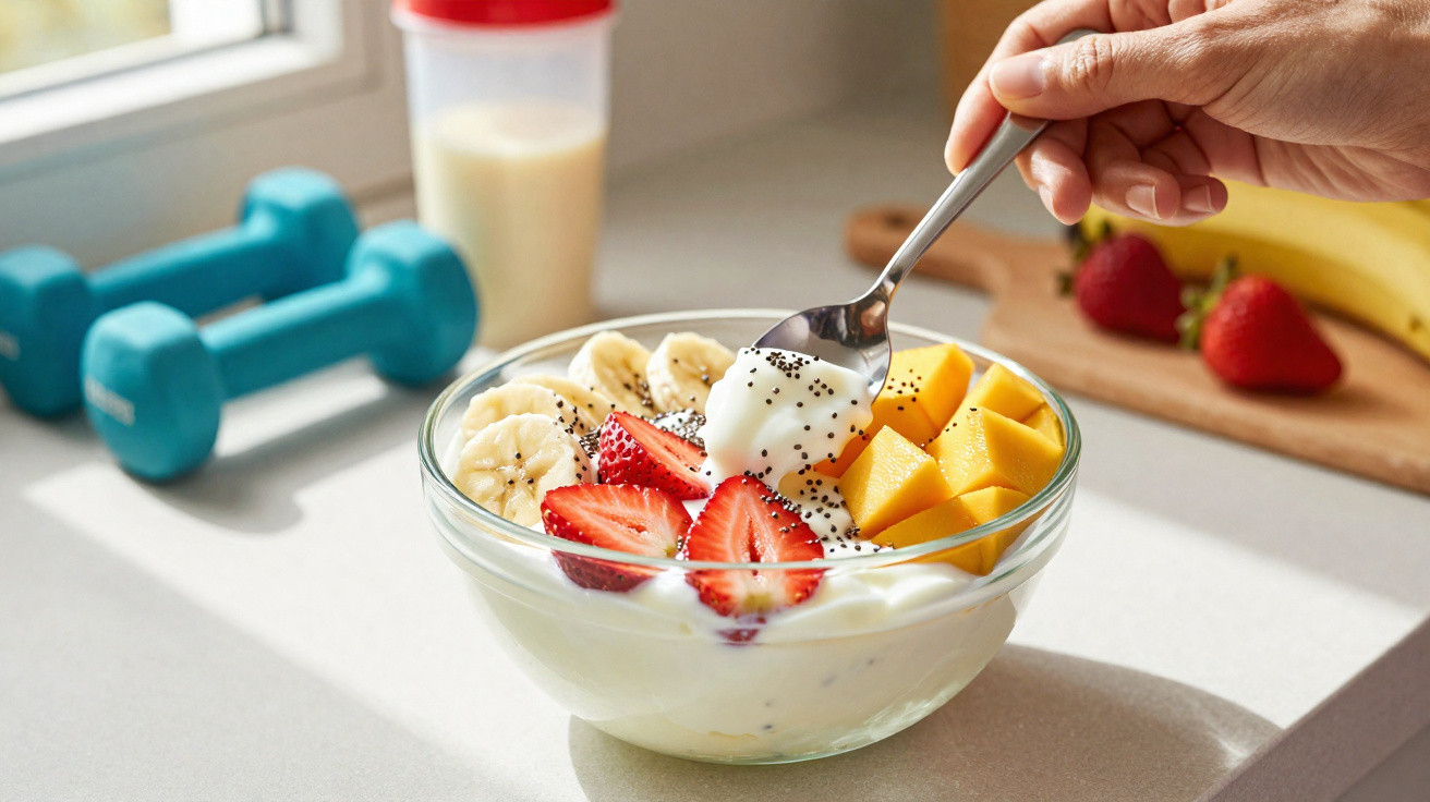 Hand hält Löffel mit Joghurt über Schüssel mit Banane, Erdbeeren, Mango und Chiasamen auf Küchentheke.