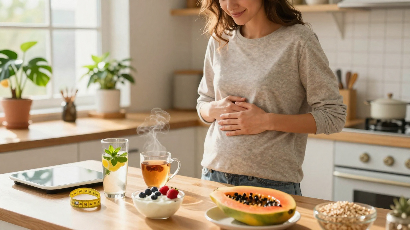 Schwangere Frau hält sich den Bauch, stehend in der Küche mit gesunden Getränken und Obst auf dem Tisch.