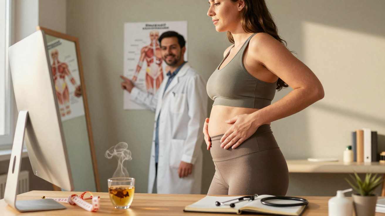 Schwangere Frau misst ihren Bauch, während Arzt in Praxis Muskelposter erklärt.