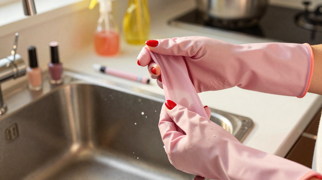 Hände mit roten Fingernägeln ziehen rosa Gummihandschuhe in einer Küchenumgebung an.