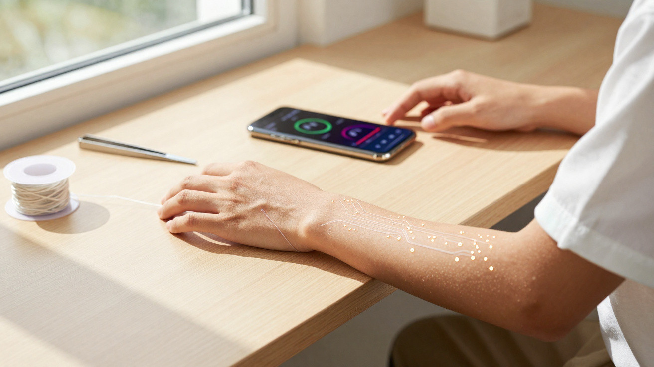 Arm mit digitalen Schaltkreisen, der eine Spule mit Draht auf einem hellen Holztisch neben einem Smartphone hält.