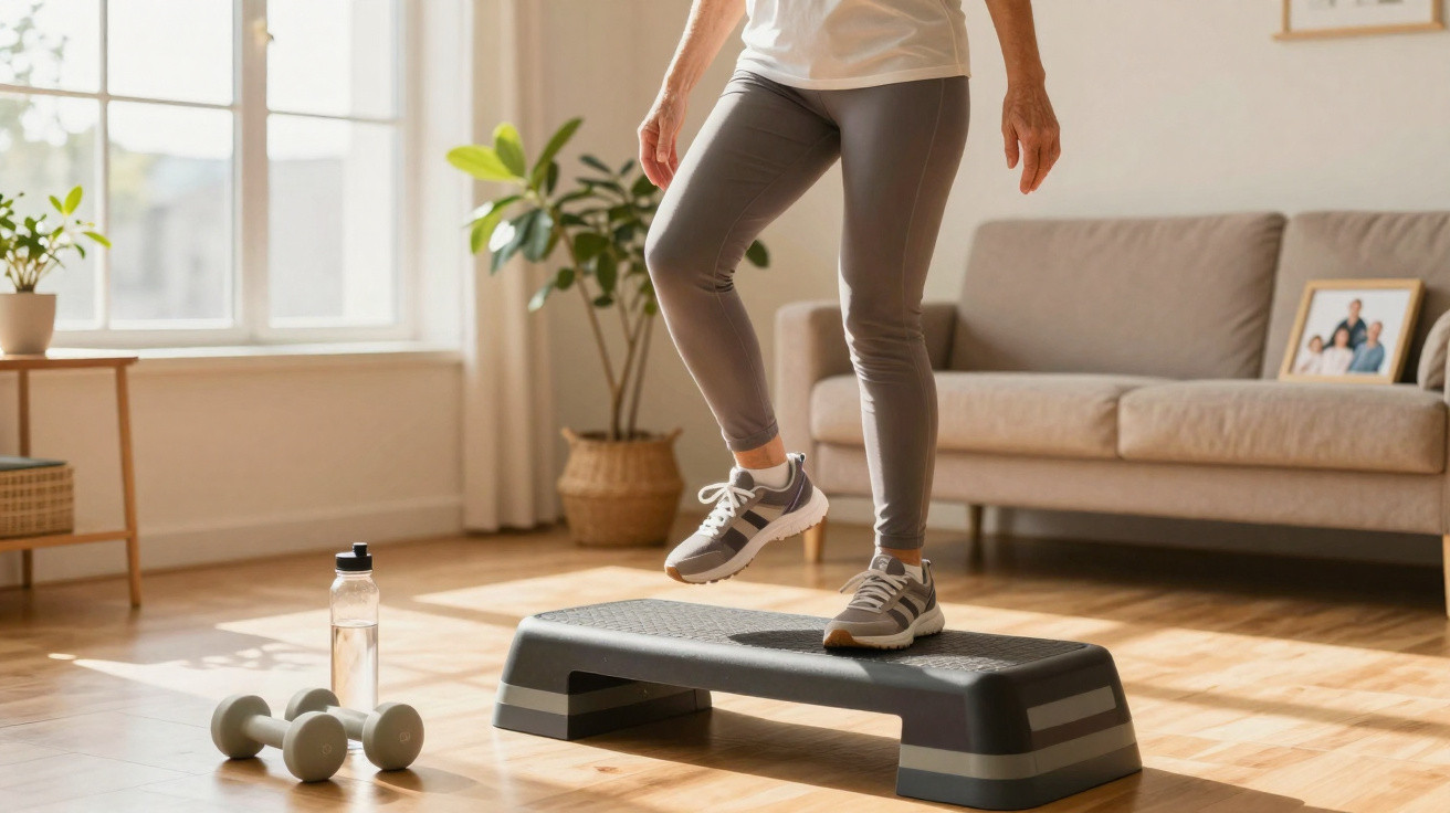 Person macht Step-Aerobic-Übung auf Stepper in hellem Wohnzimmer mit Hanteln und Wasserflasche