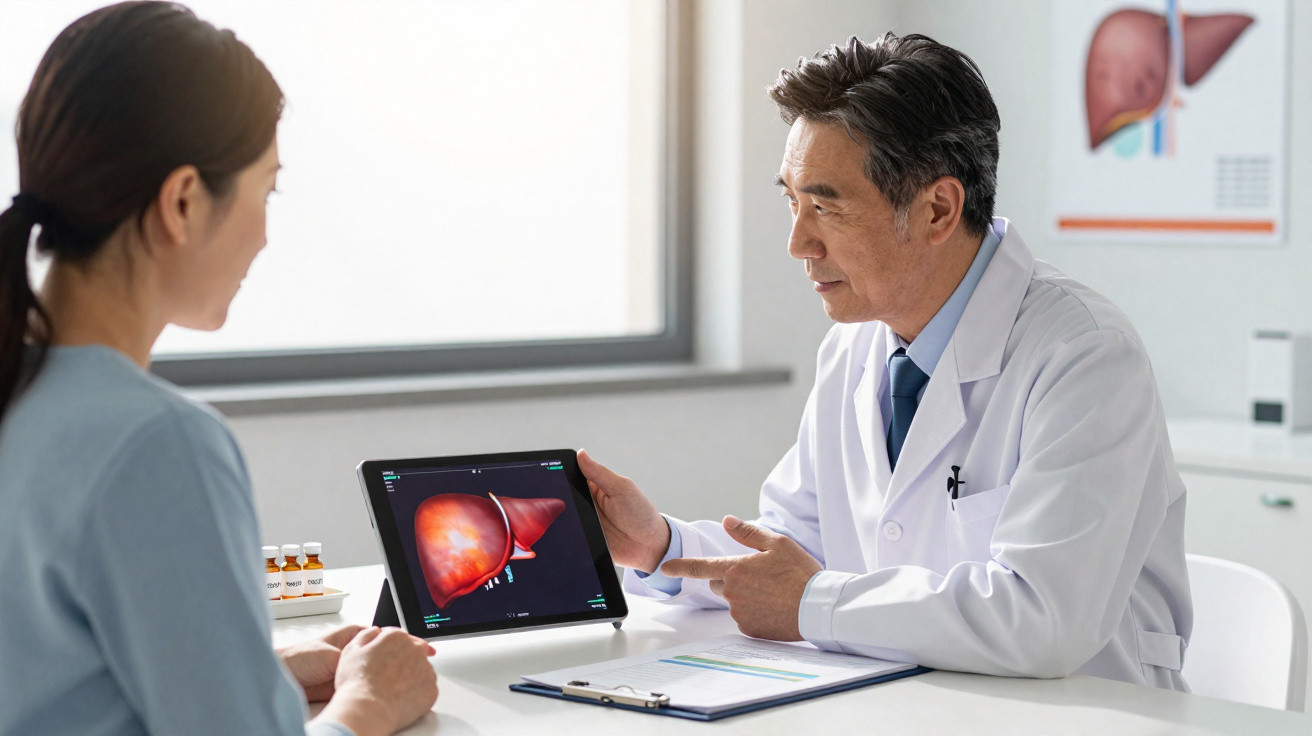 Arzt erklärt Patientin Lebergesundheit anhand eines Tablets in heller Praxis mit Leberbild im Hintergrund.