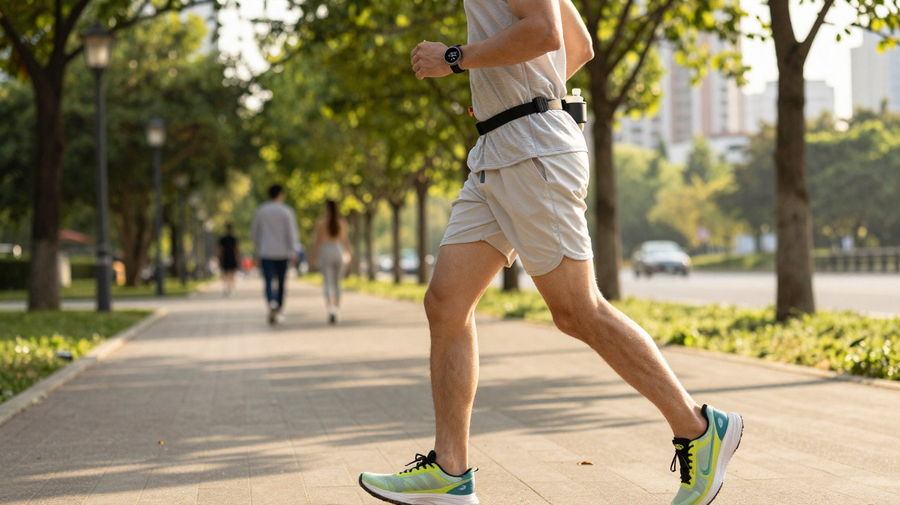 Mann joggt in Sportschuhen auf einem sonnigen Gehweg im Park an Bäumen und Fußgängern vorbei.