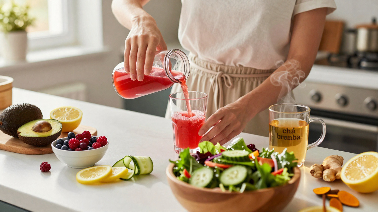 Frau gießt roten Saft in Glas, umgeben von frischem Obst, Salat und dampfendem Tee in moderner Küche.