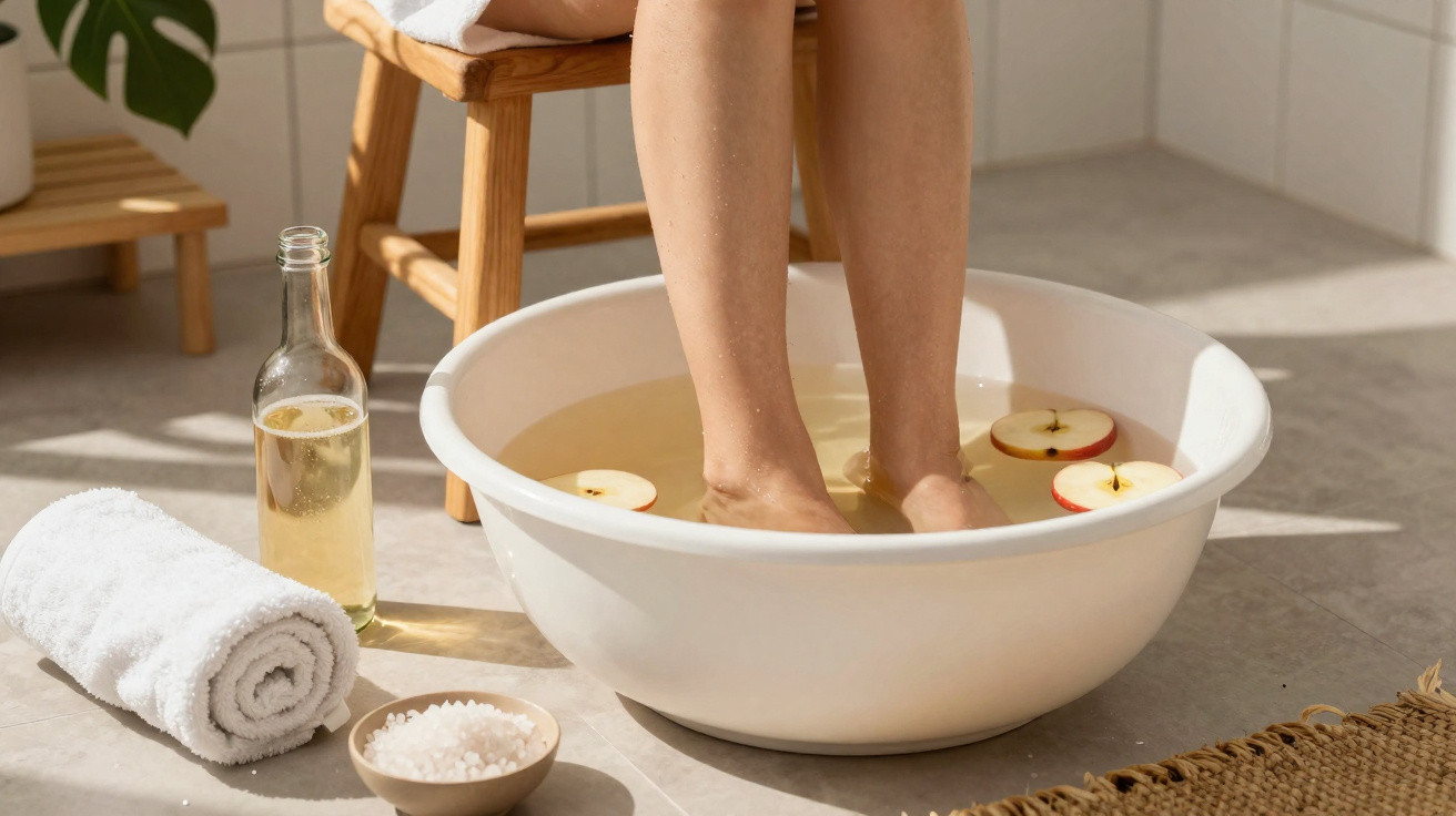 Füße in einer Badewanne mit Wasser und Apfelscheiben, neben einer Flasche, Handtuch und Schale mit Badesalz.