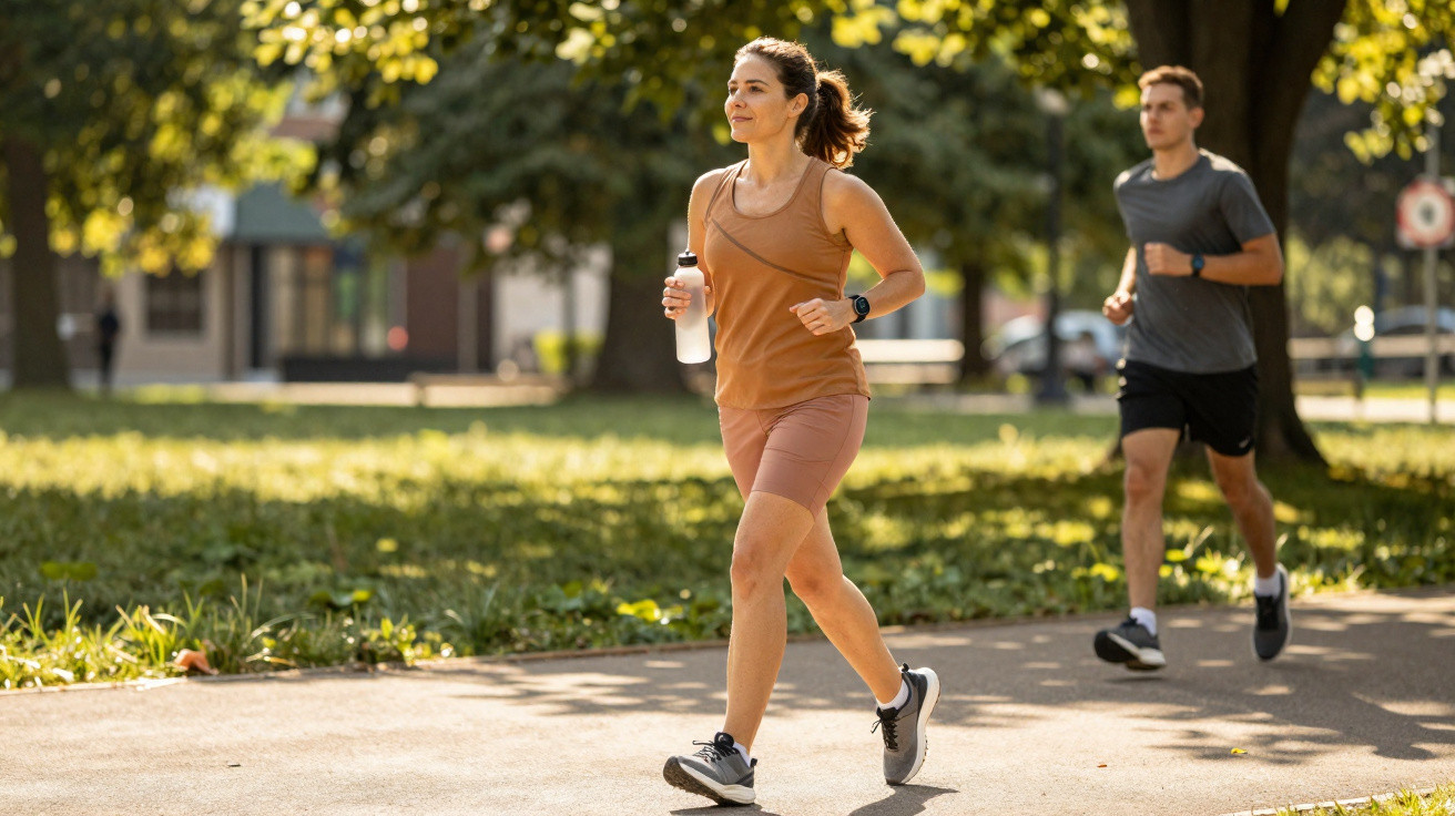 Frau joggt mit Wasserflasche im Park, Mann joggt ihr im Hintergrund nach, beide in Sportkleidung.