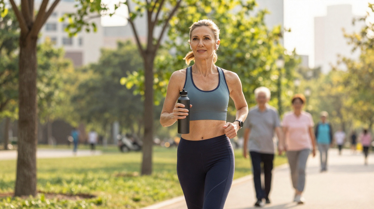 Frau joggt im Park bei sonnigem Wetter und hält eine Trinkflasche in der Hand.