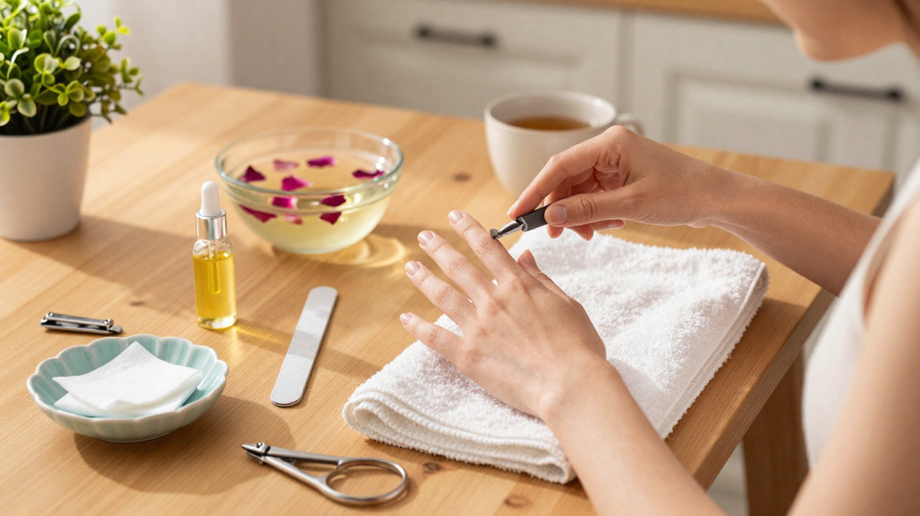 Frau macht Maniküre mit Nagellackentferner, Nagelfeile und Pflegeöl an einem Holztisch.
