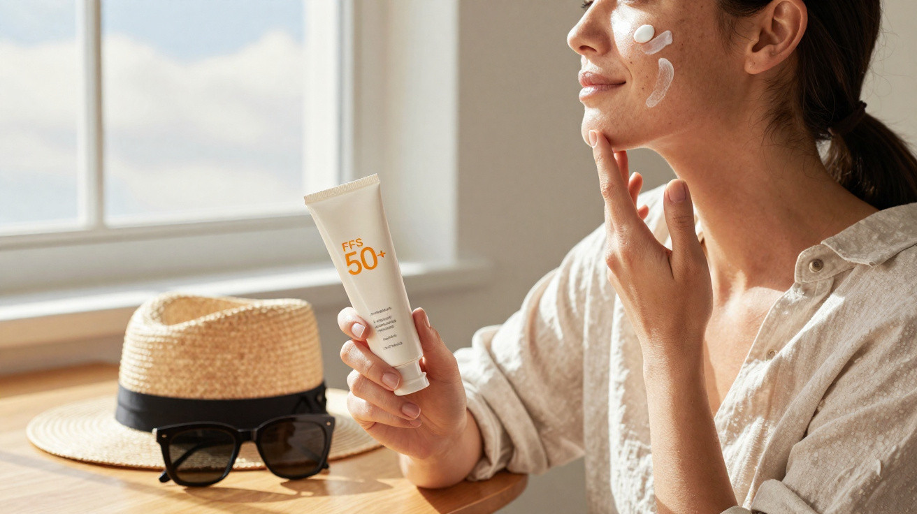 Frau trägt Sonnencreme mit LSF 50+ im Gesicht auf, daneben Hut und Sonnenbrille auf Tisch am Fenster.