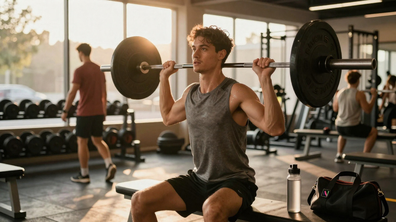Junger Mann trainiert mit Langhantel im Fitnessstudio bei Sonnenlicht, weitere Personen im Hintergrund.