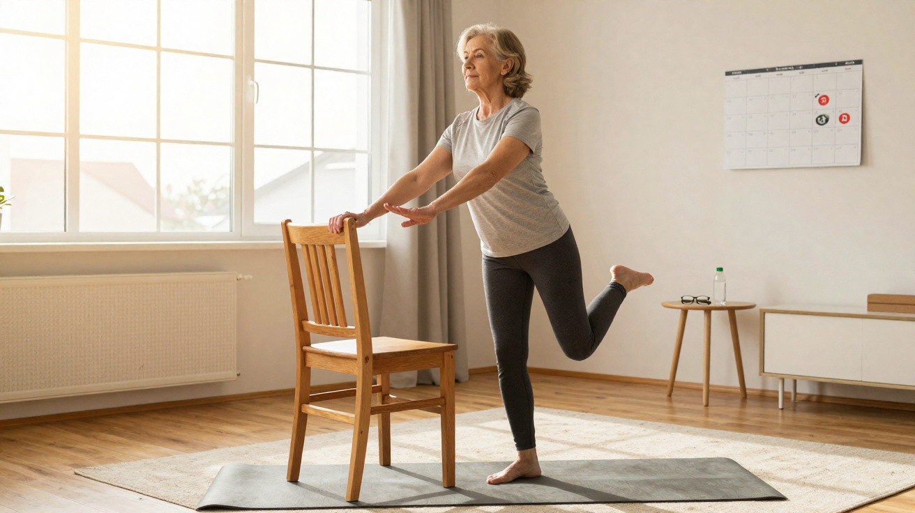 Ältere Frau macht Balance-Übung mit Stuhl in hellem Wohnzimmer auf Yogamatte.