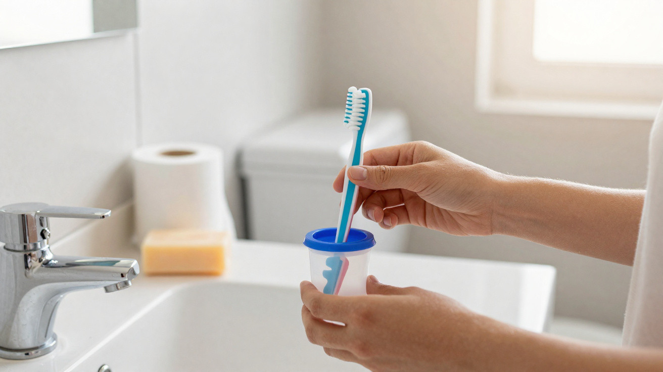 Hand steckt blaue Zahnbürste in durchsichtigen Becher im Badezimmer neben Waschbecken und Seife.