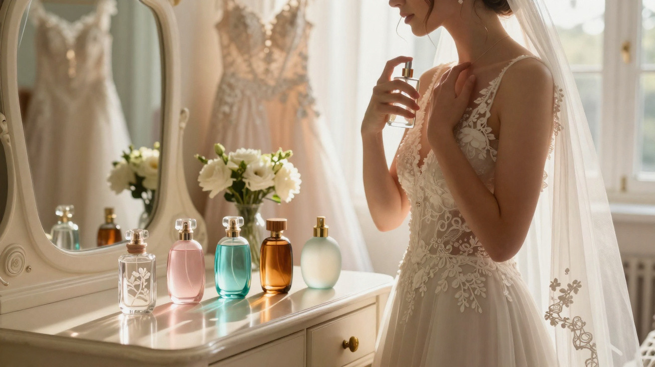 Braut in Spitzenkleid sprüht Parfüm vor Spiegel mit Blumenstrauß und Parfümflaschen auf Kommode.