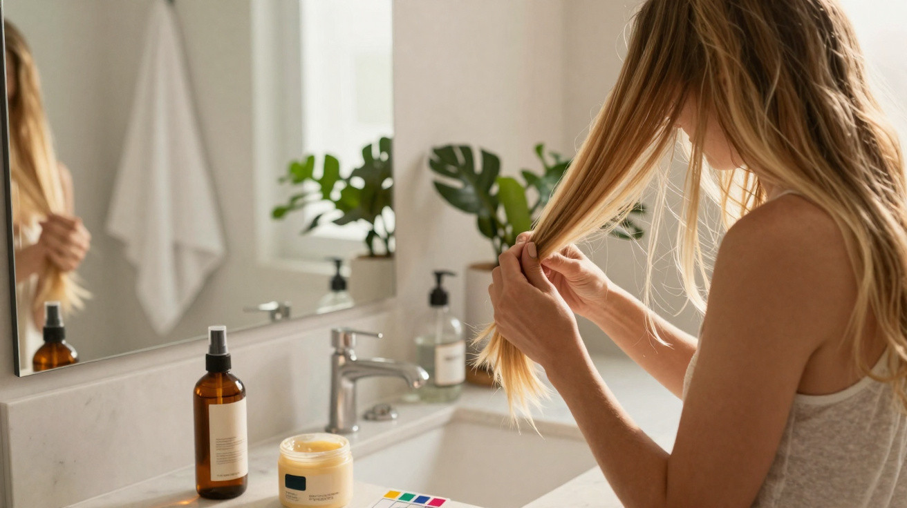 Frau kämmt ihre langen blonden Haare über dem Waschbecken im Badezimmer mit Pflegeprodukten.