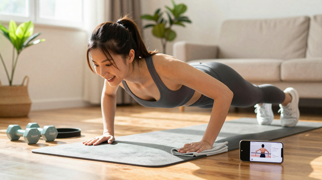Frau macht Liegestütze auf Yogamatte, neben ihr Smartphone mit Fitnessvideo, Hanteln im Wohnzimmer.
