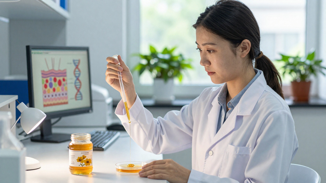 Wissenschaftlerin im Labor untersucht Honig mit Pipette und Petrischale vor einem Computermonitor mit DNA-Grafik.