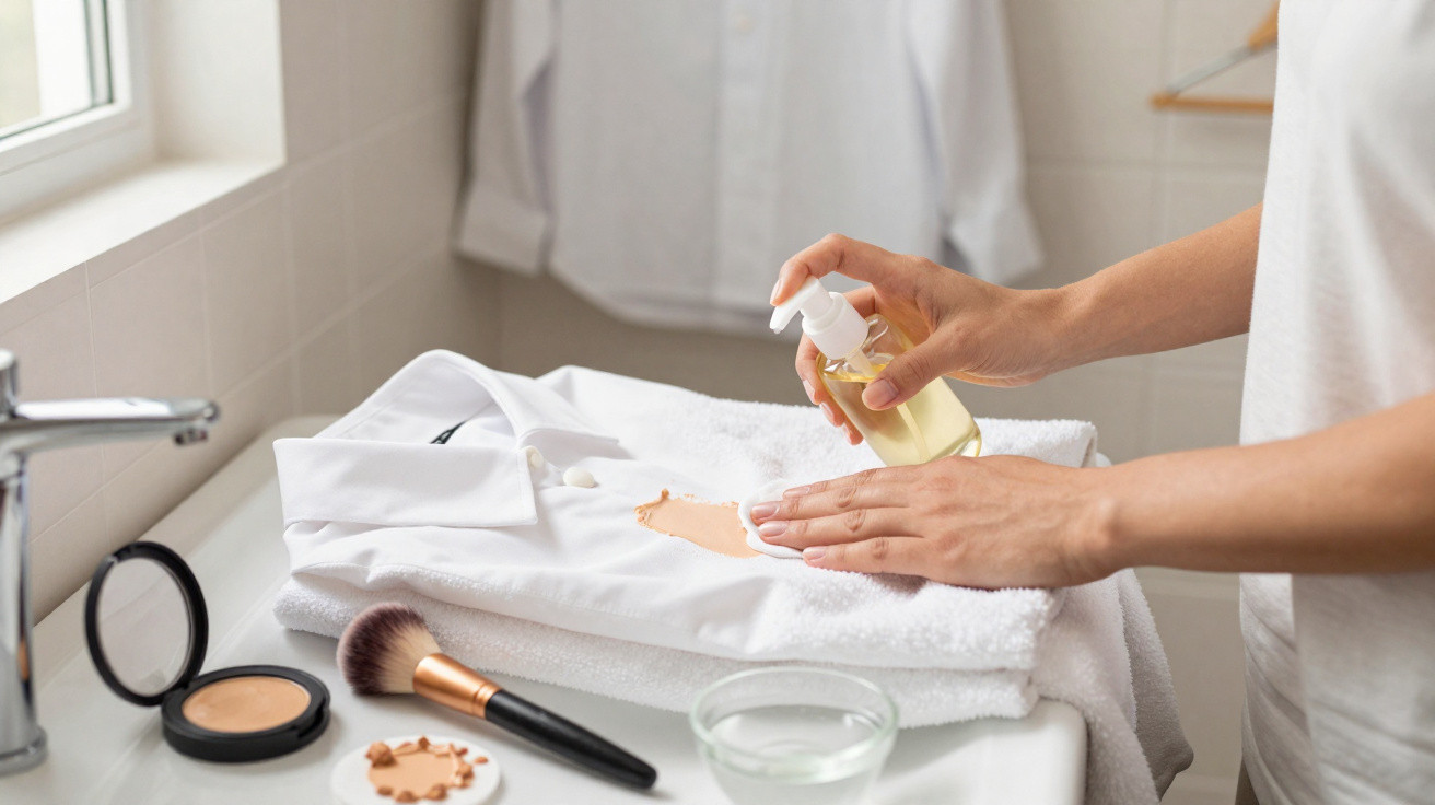 Person gibt Flüssigkeit auf Wattepad im Badezimmer neben Make-up und Handtüchern auf Waschbecken.