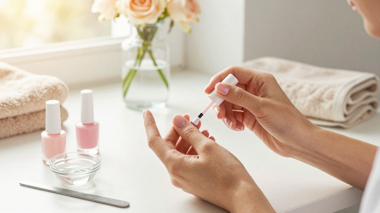 Frau lackiert Fingernägel mit hellem Nagellack in hellem Raum mit Handtüchern und Blumen im Hintergrund.