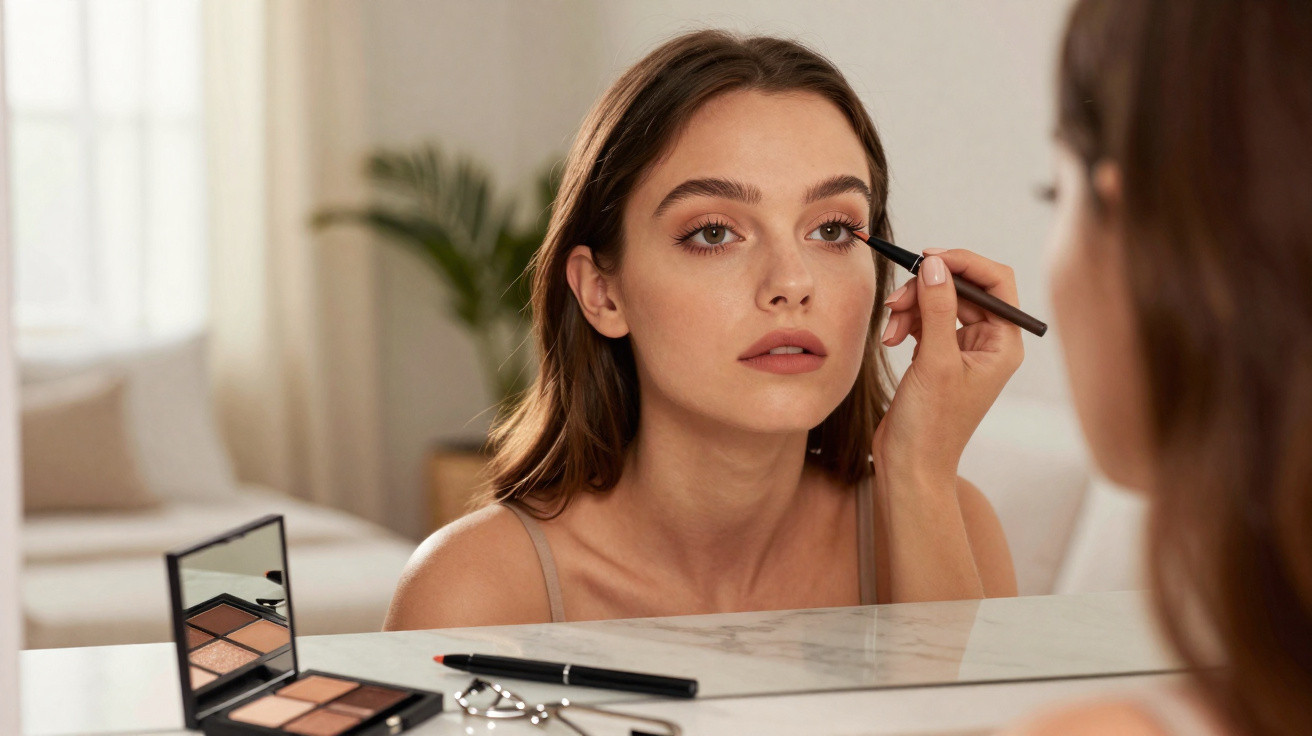 Frau trägt Lidstrich auf und sieht in Spiegel, Makeup-Palette und Wimpernzange auf Marmorplatte vor ihr.
