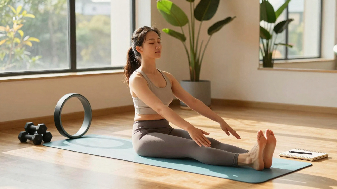 Frau macht Yoga-Dehnübung auf Matte in hellem Raum mit Pflanzen und Yoga-Zubehör neben ihr.