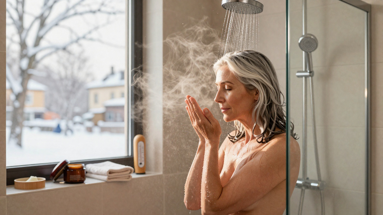 Ältere Frau in der Dusche, die warme Wasserdämpfe an einem winterlichen Tag genießt.