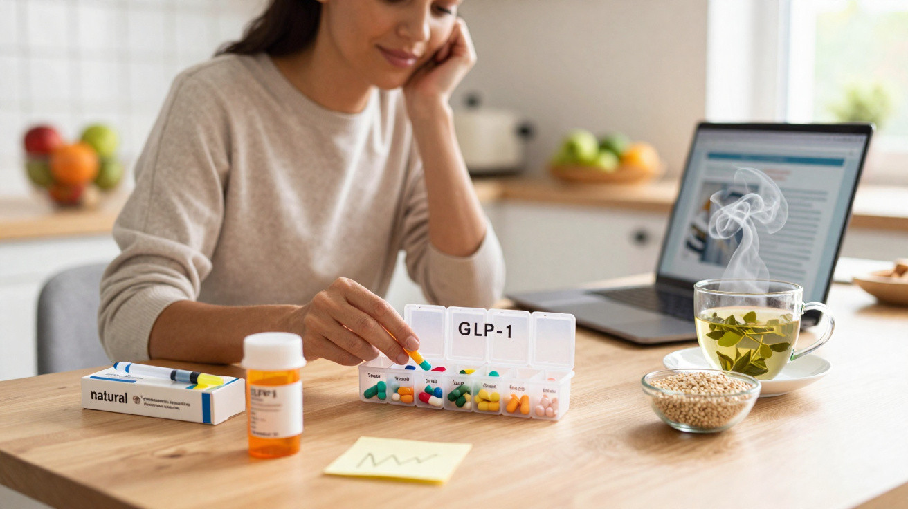 Frau organisiert verschiedene Medikamente aus einem Pillenfach GLP-1 am Küchentisch mit Laptop und Tee.