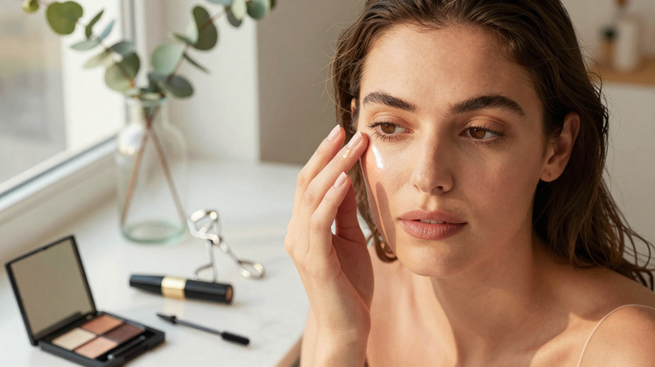 Frau trägt Gesichtscreme auf, schminkt sich am Fenster mit Make-up-Produkten auf einem Tisch.