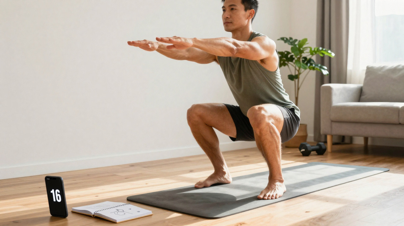 Mann macht Kniebeugen auf Yogamatte im Wohnzimmer, neben Handy und Notizbuch auf dem Boden.