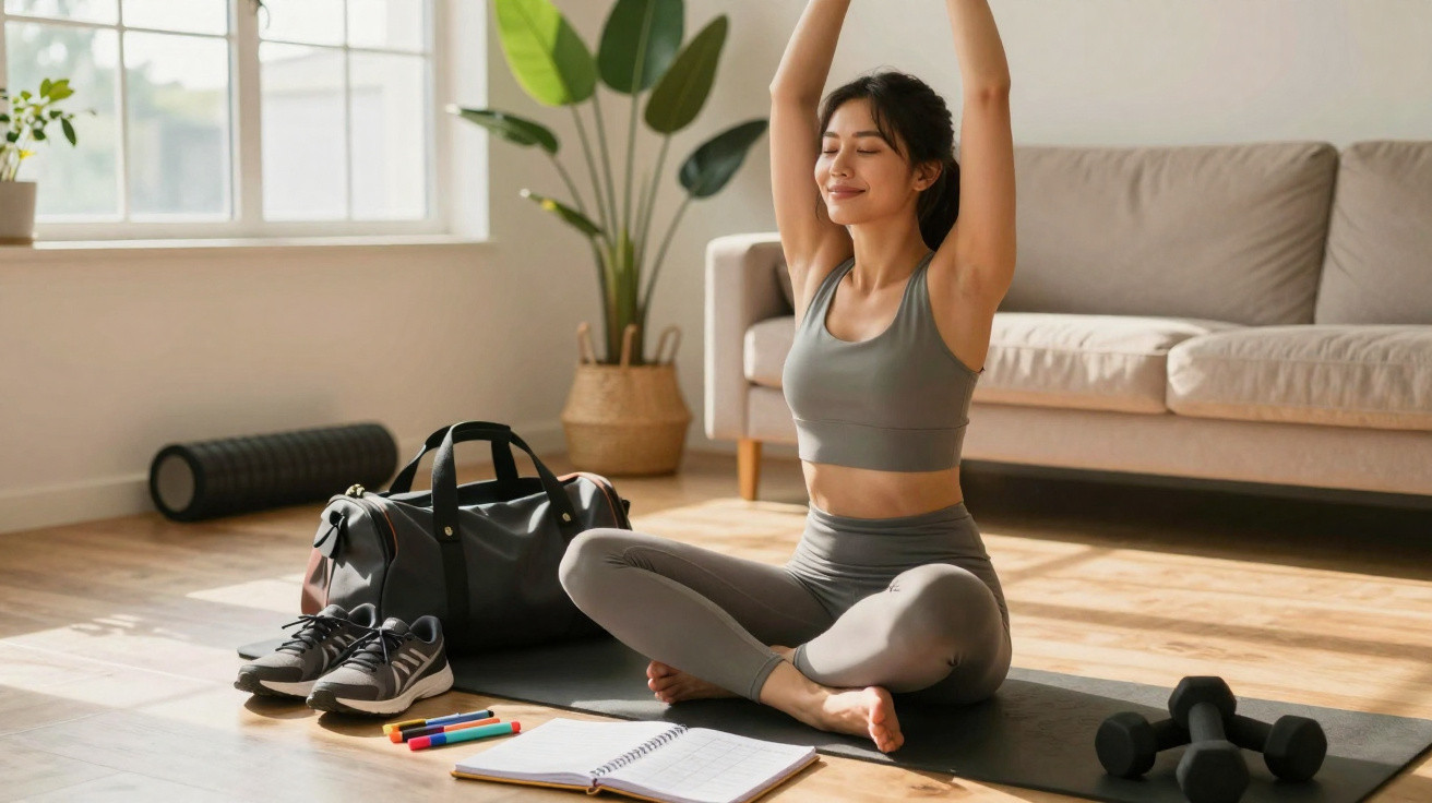 Junge Frau meditiert entspannt auf Yogamatte im Wohnzimmer mit Sporttasche, Hanteln und Notizbuch.