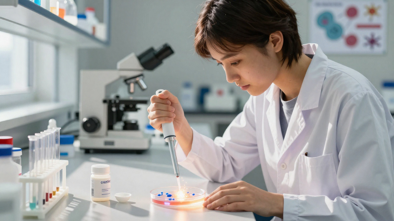 Wissenschaftlerin im Labor untersucht Probe in Petrischale mit Pipette, Mikroskop im Hintergrund sichtbar.