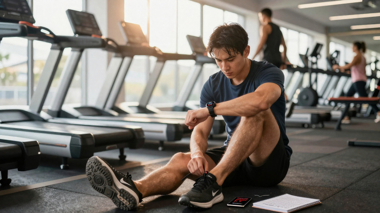 Junger Mann sitzt im Fitnessstudio und schnürt Sportschuhe vor Laufband-Training.