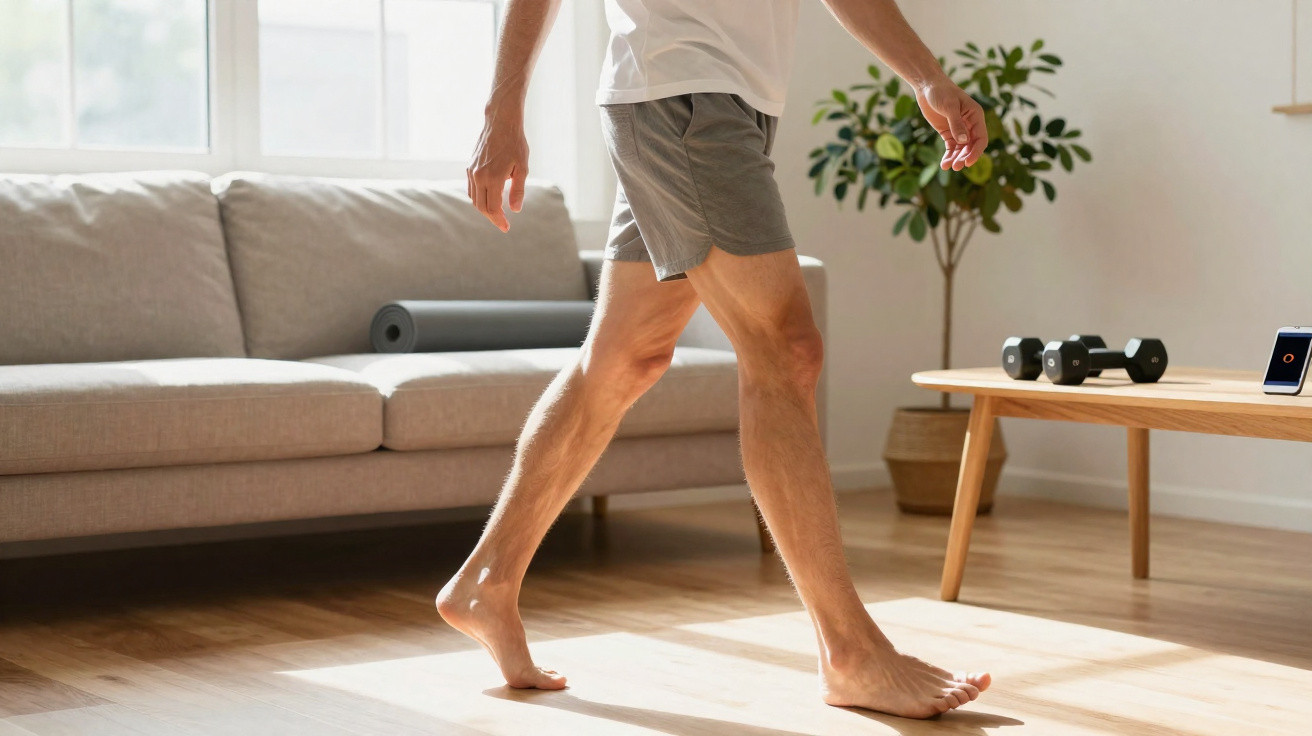 Barfuß laufende Person in Shorts und T-Shirt in einem hellen Wohnzimmer mit Sofa und Hantelbank.