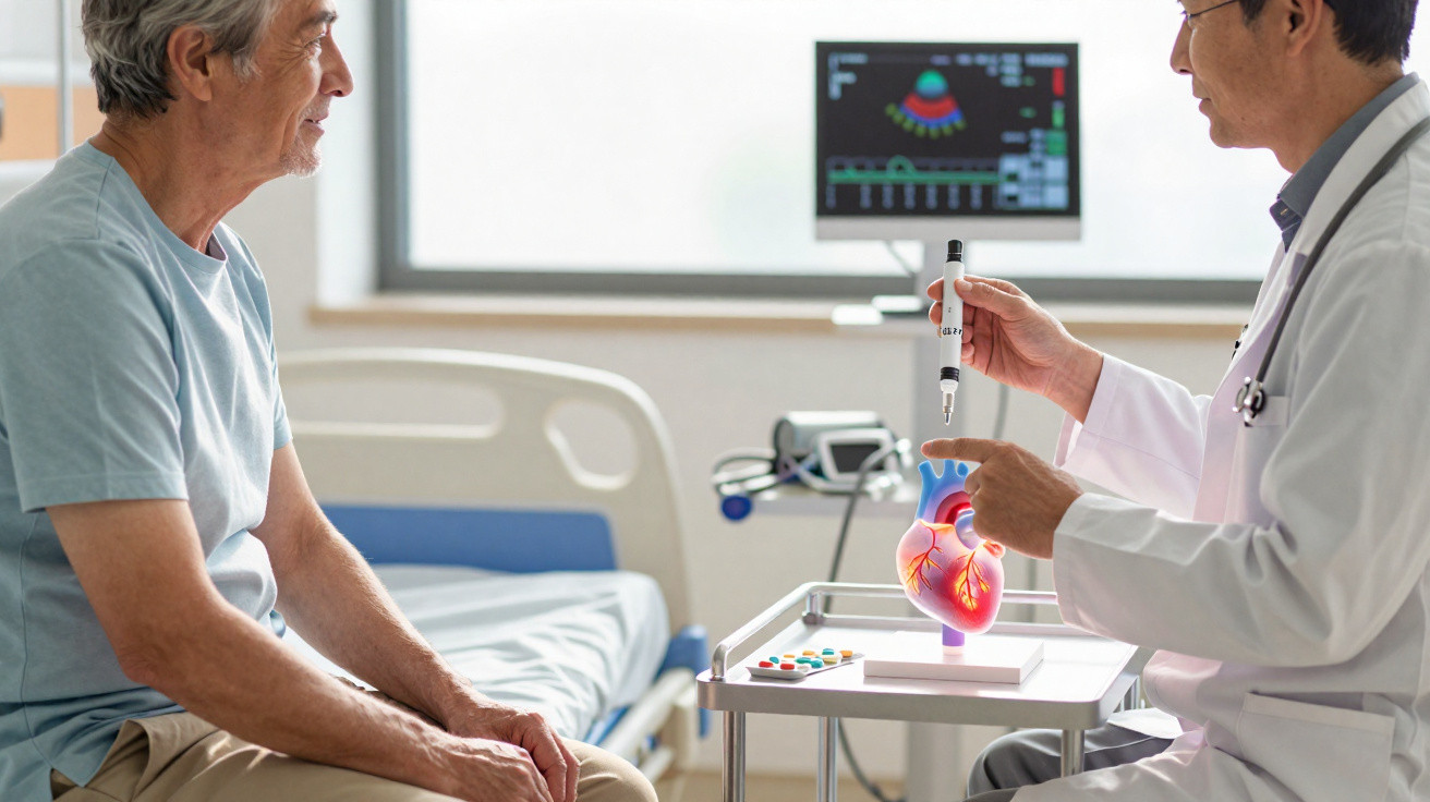 Arzt erklärt älterem Patienten Herzmodell und kardiologische Untersuchung im Krankenhauszimmer.
