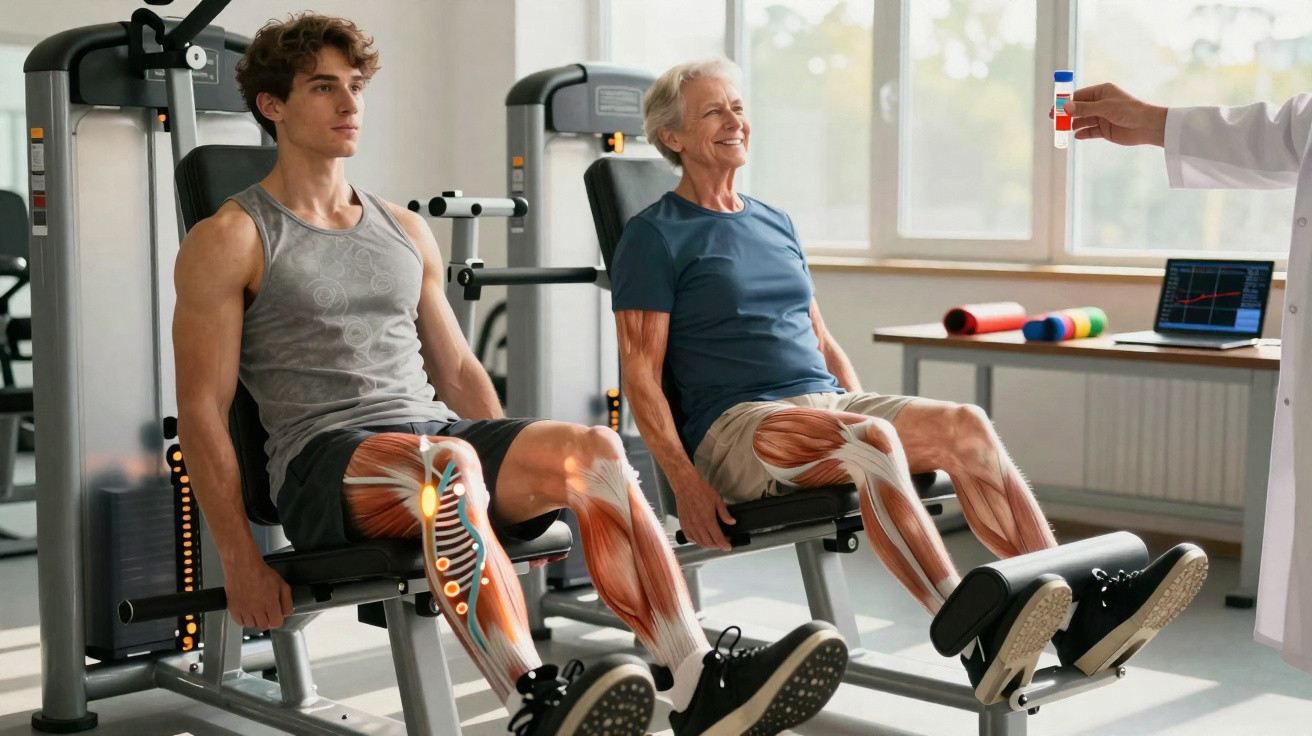 Junger und älterer Mann trainieren Beine an Fitnessgerät, Muskeln und Knochen schematisch hervorgehoben.