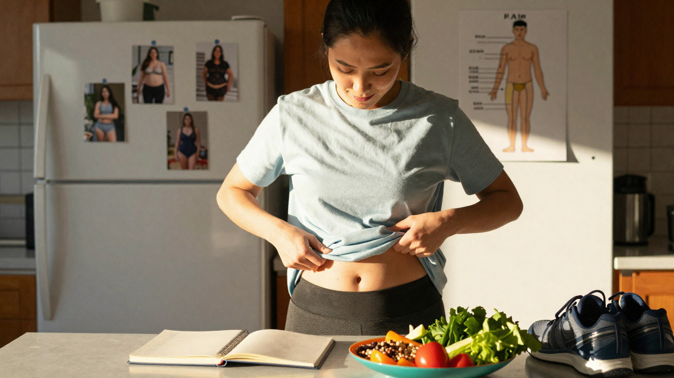 Frau hebt T-Shirt, betrachtet Bauch in Küche mit Obst, Gemüse, Schuhen und Notizbuch auf Tisch.