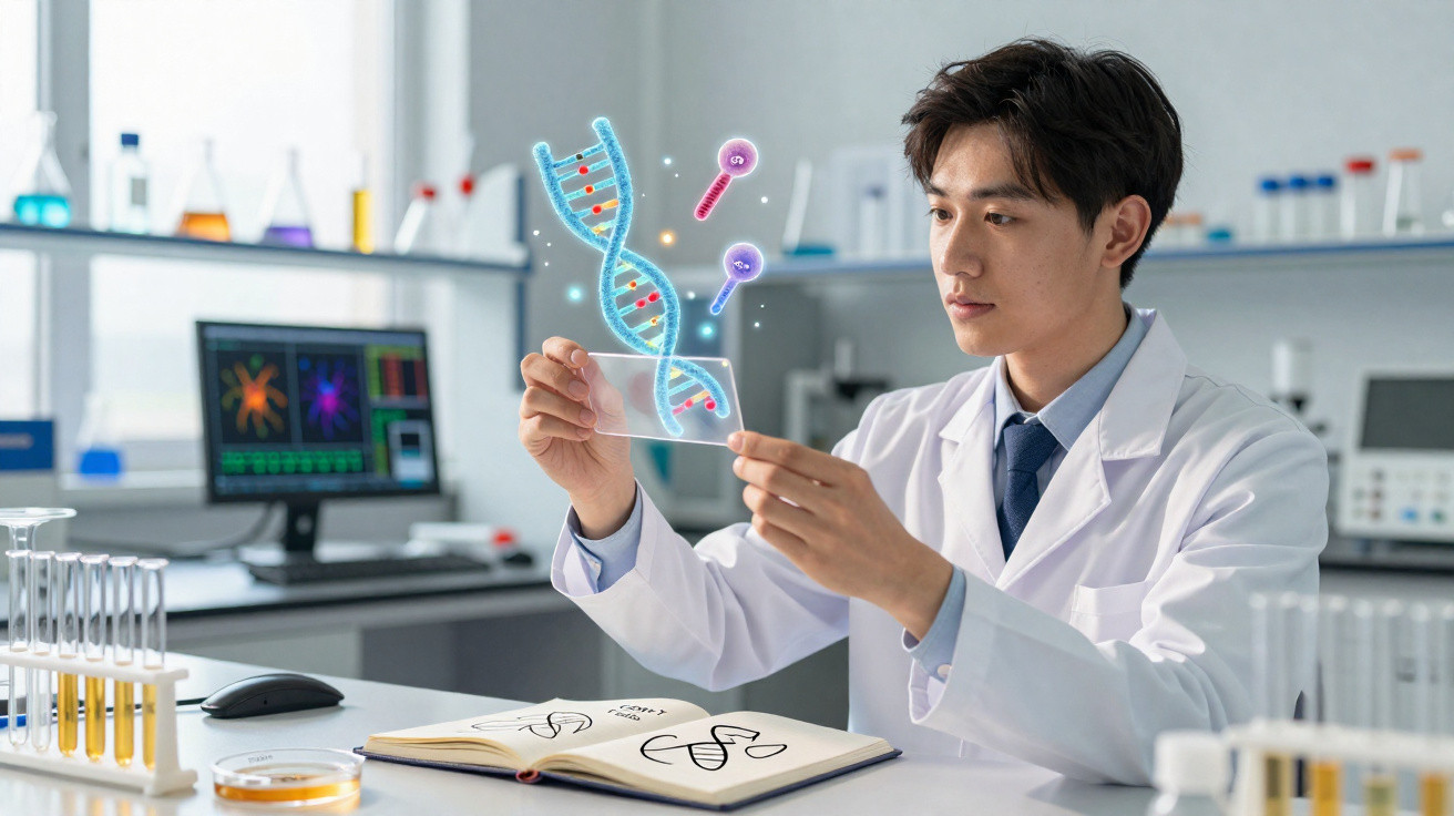 Junger Wissenschaftler im Labor analysiert holografische DNA-Darstellung auf Glasplatte.