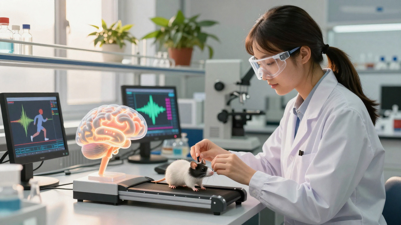 Wissenschaftlerin mit Schutzbrille untersucht Laborratte auf Laufband vor Bildschirmen mit Gehirn- und Bewegungsdaten.