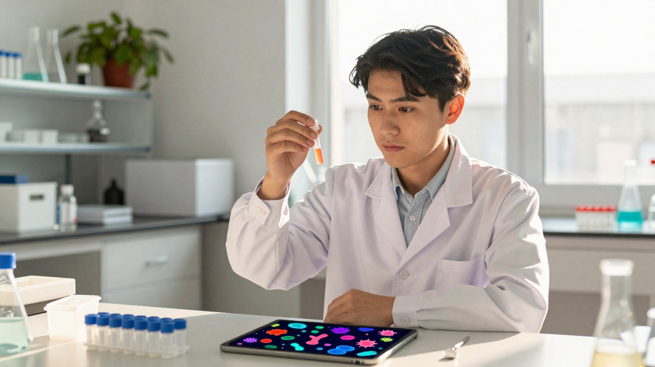 Junger Wissenschaftler im Labor analysiert Reagenzglas mit farbiger Flüssigkeit vor Tablet mit Mikrobenbildern.