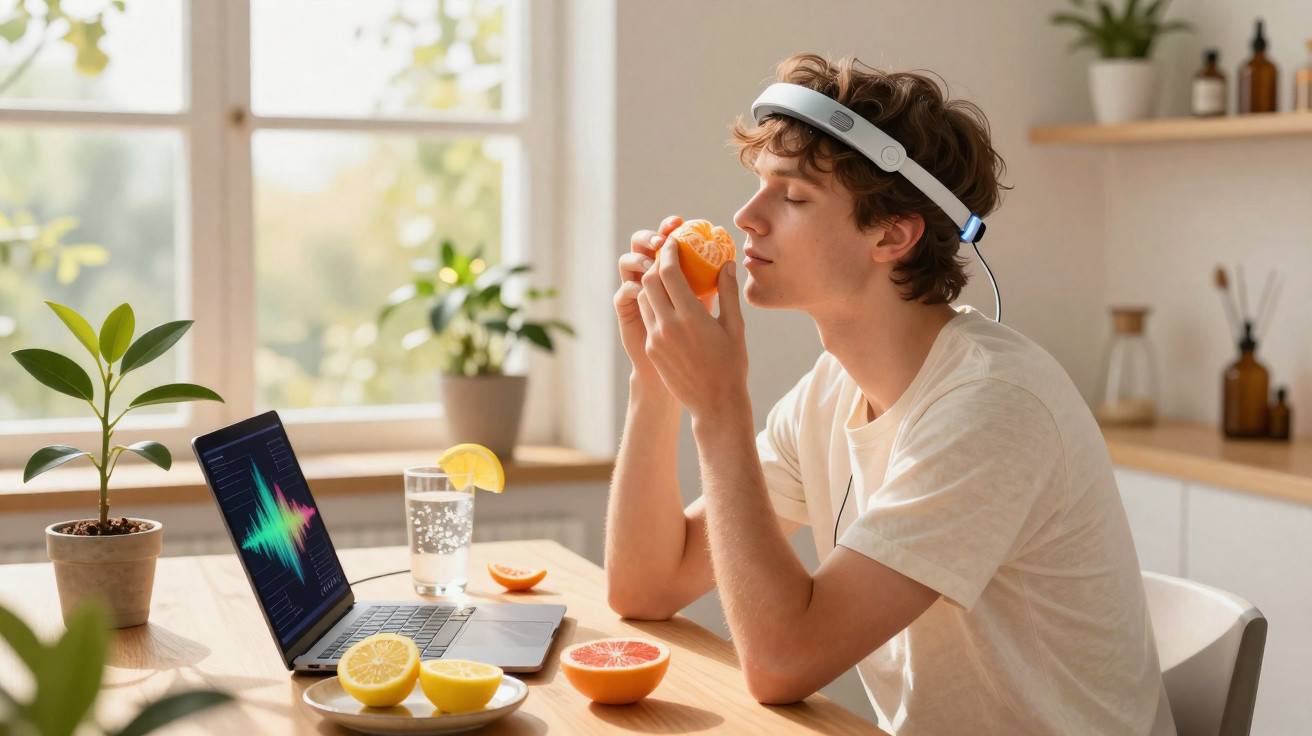 Junger Mann mit Kopfhörern riecht an Mandarine am Tisch mit Laptop, Zitrusfrüchten und Glas Wasser.