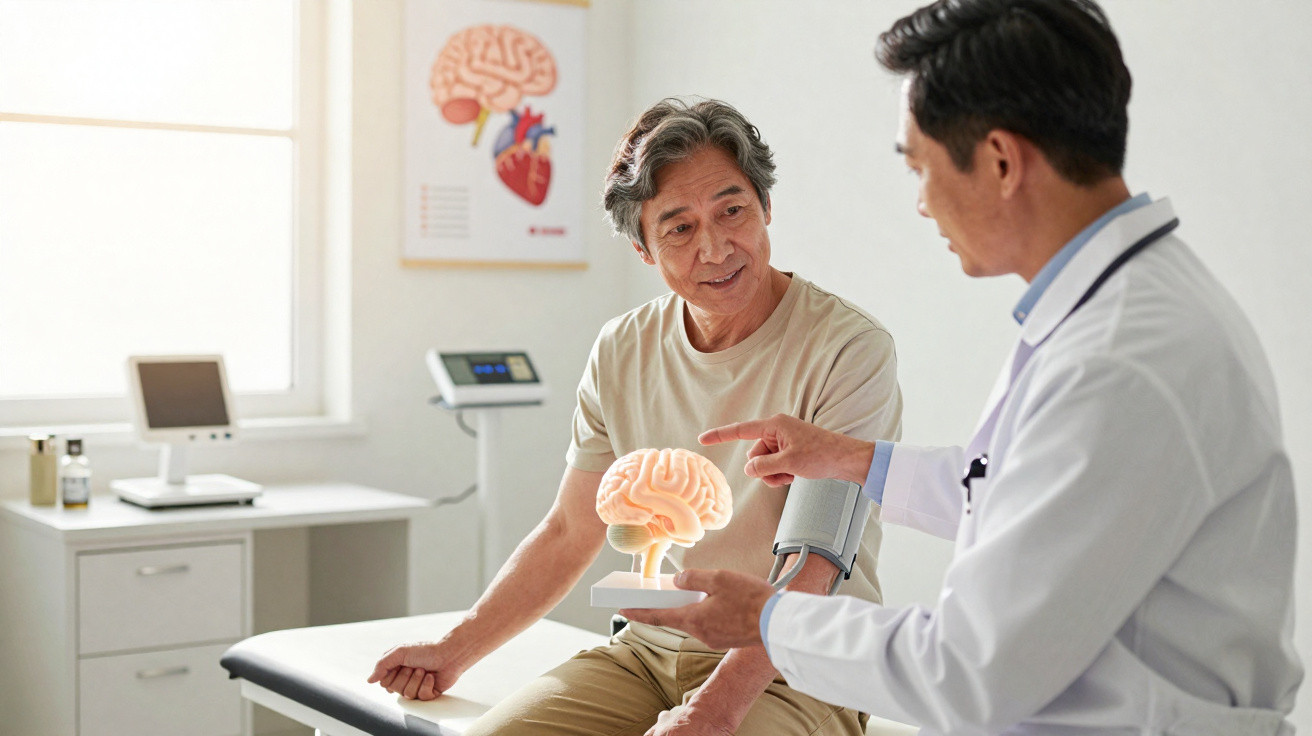 Arzt erklärt älterem Patienten im Behandlungszimmer Gehirnmodell und Blutdruckmessung am Arm.