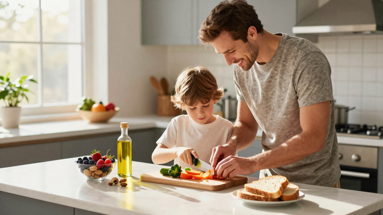 Vater und Sohn schneiden gemeinsam Gemüse in einer hellen Küche, lachend und konzentriert.