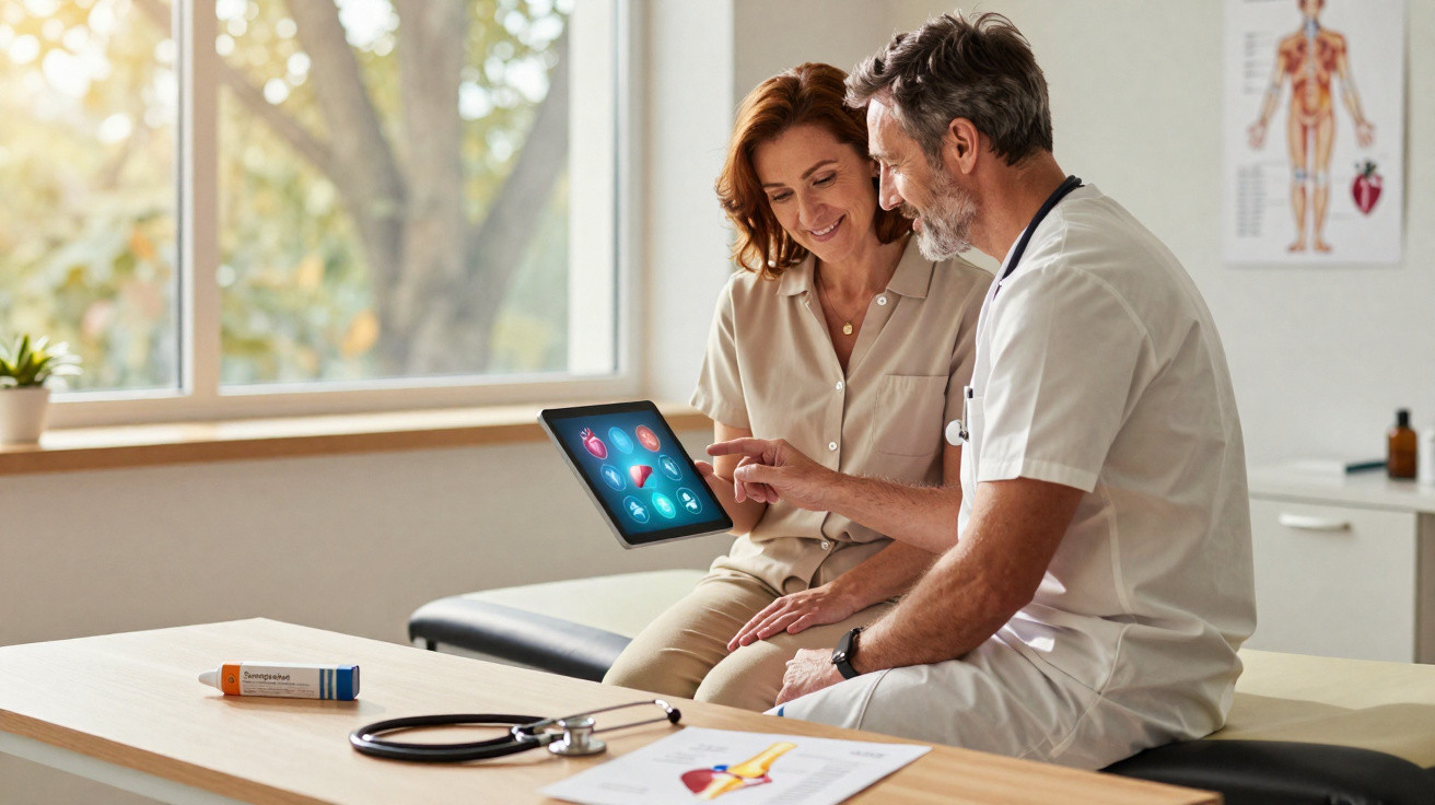 Ärztin und Patient besprechen medizinische Ergebnisse auf Tablet in freundlicher Praxis mit großer Fensterscheibe.